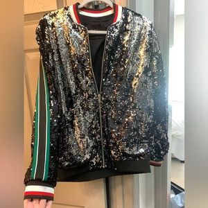 ZARA metallic sequin jacket with red and green detailing